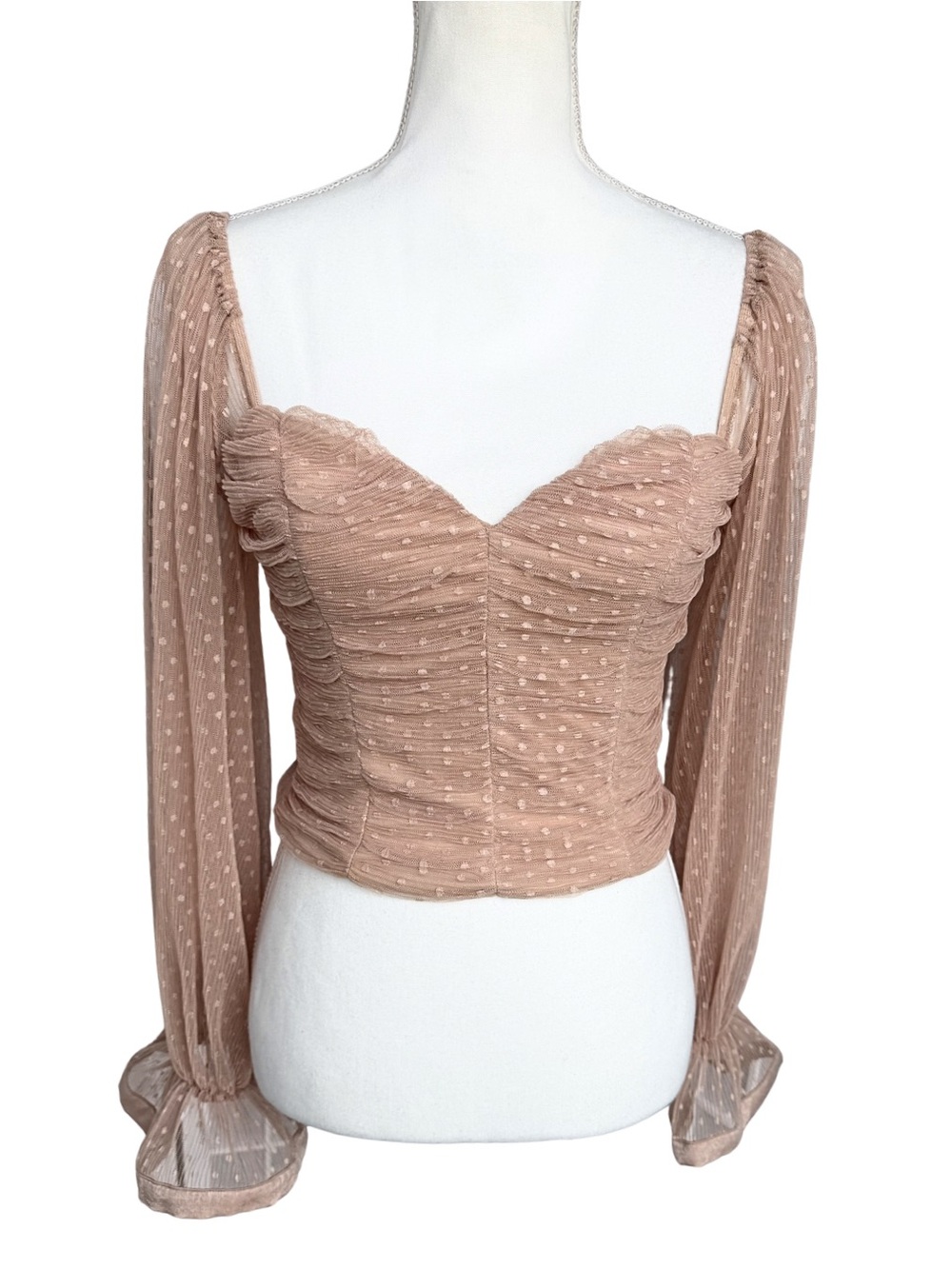 A Peach Swiss Dot Mesh Ruched Crop Top Size Small